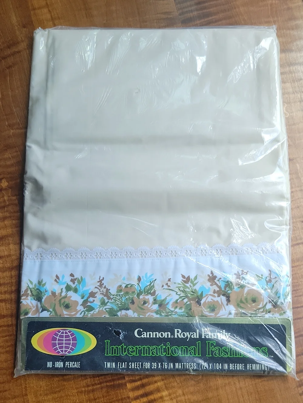 Vintage Cannon Royal Family Twin Flat Sheet 70s Floral Eyelet Lace Border, NEW